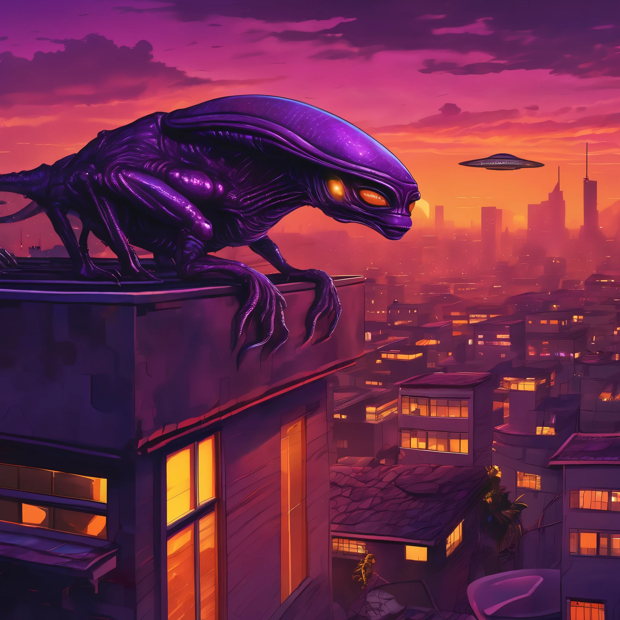 Alien creatures hiding on rooftops at sunset,separated from their spaceship,avoiding search parties,illustrated,highres,(realistic:1.37),mysterious dark shadows,camouflaged scales,glowing eyes,sharp claws,tense body language,urban landscape,sci-fi concept artists,orange and purple color palette,dramatic lighting