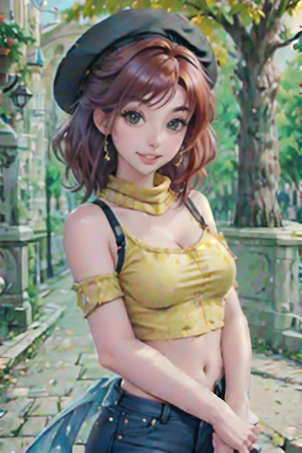 arafed woman with red hair and a black top and a yellow scarf, a portrait by Zofia Stryjenska, tumblr, op art, better known as amouranth, amouranth, wearing a french beret, young beautiful amouranth, an oversized beret, wearing a beret, cute young redhead girl, jovana rikalo