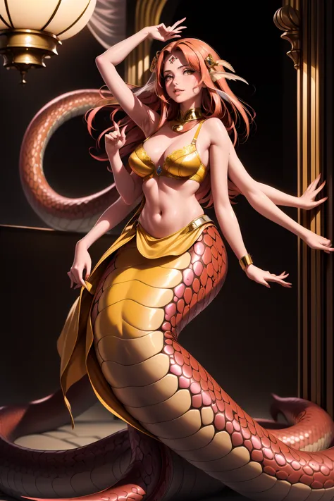 (lamia), (monster girl) , detailed snake skin, (detailed scales skin), (Elongated snake tail:1.3), red tail, red scales, ((Solo)...