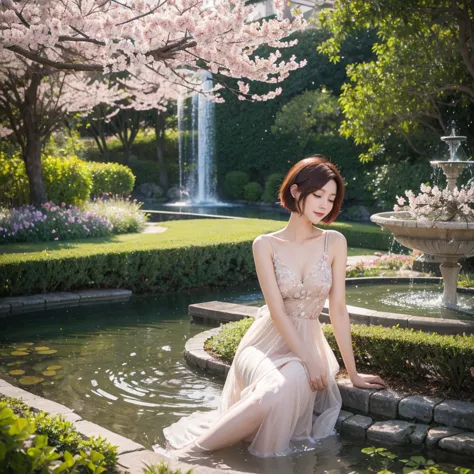 beautiful asian, short red hair, elegant dress, graceful pose, soft lighting, pastel colors, fine brushwork, dreamy atmosphere, ...