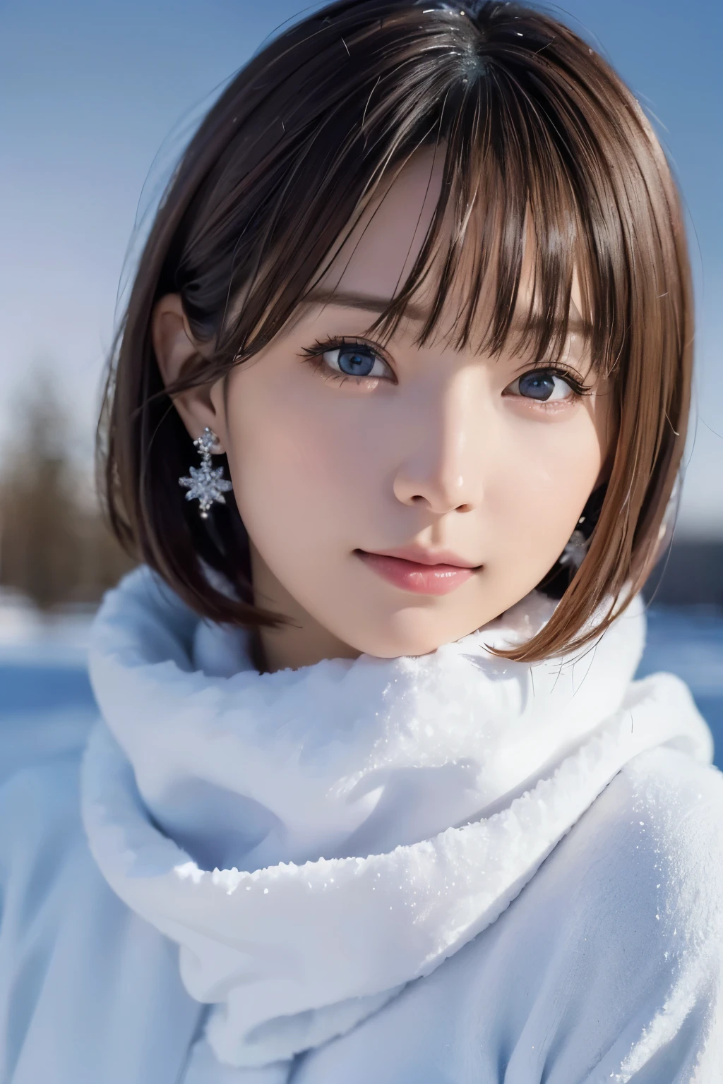 1 girl, (Winter clothes:1.2), Beautiful Japanese actresses, 
Photogenic, Yukihime, Long eyelashes, Snowflake Earrings,
(RAW Photos, highest quality), (reality, Realistic:1.4), (Pieces fly), 
Beautiful fine details, beautiful lip detail, highly detailed eyes and face, 
Blake is
 (Frozen snow fields in winter in Lapland), (The last traces of the evening sky:1.4), 
Heavenly Beauty, Snow covered trees, Powder Snow, 
Snowy field landscape at dusk, 
Indigo and deep vermilion color scheme, playwright, Great atmosphere, 
Blake is 
Perfect Anatomy, Full body slender, Small breasts, (short hair:1.3), Angel&#39;Smile, 
Crystal skin, wake up, Capture the light