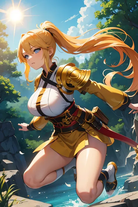 {anime girl}, {japanese clothes}, golden hair, ponytail, shiny hair, beautiful, {fantasy}, adventurer, sun warrior, {sun powers}...