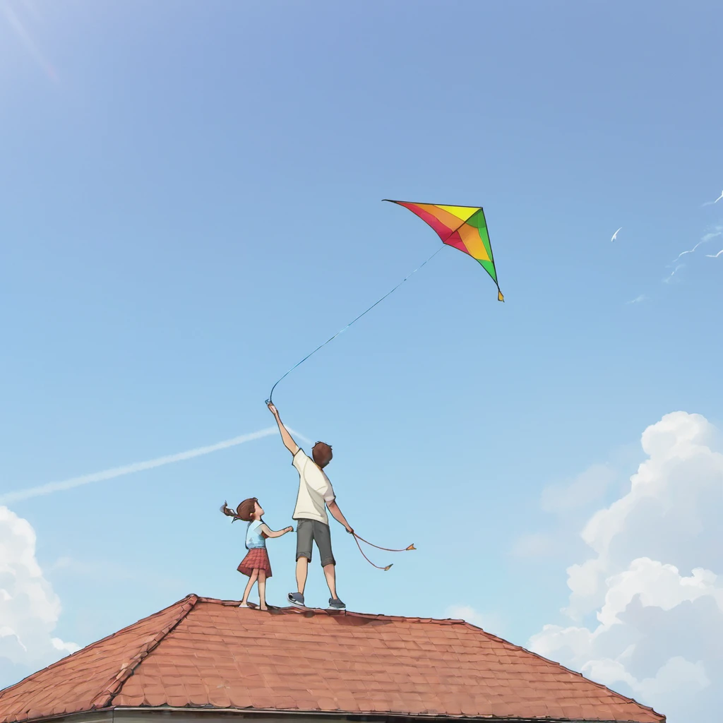 a father and young son,flying a kite,standing on the roof of their house,beautiful sunny day,green garden below,gentle breeze,joyful expressions on their faces,vibrant colors,realistic lighting,high resolution,strong bond between father and son,happy childhood memories,rooftop view of the neighborhood,fluffy white clouds in the sky,playful movements,carefree atmosphere,striking composition,intense blue sky,surrounded by tall trees,peaceful surroundings,excitement in the air,wind blowing through their hair,perfectly shaped kite,laughing and shouting with delight,seamless connection between father and son,adventurous spirit,bright and cheerful atmosphere,endless possibilities in the open sky,memorable family moment,deep connection with nature,awe-inspiring sight of the soaring kite,captivating perspective.