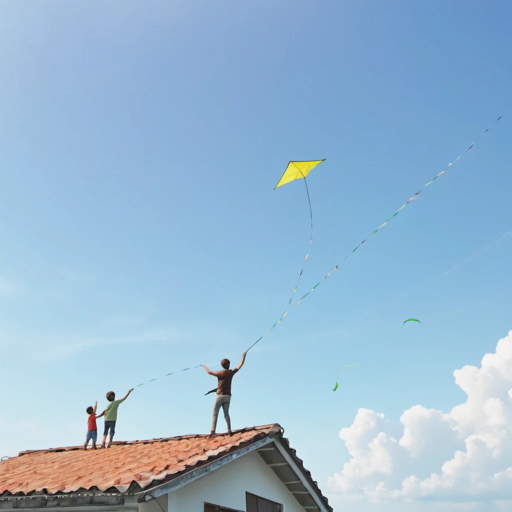 a father and young son,flying a kite,standing on the roof of their house,beautiful sunny day,green garden below,gentle breeze,joyful expressions on their faces,vibrant colors,realistic lighting,high resolution,strong bond between father and son,happy childhood memories,rooftop view of the neighborhood,fluffy white clouds in the sky,playful movements,carefree atmosphere,striking composition,intense blue sky,surrounded by tall trees,peaceful surroundings,excitement in the air,wind blowing through their hair,perfectly shaped kite,laughing and shouting with delight,seamless connection between father and son,adventurous spirit,bright and cheerful atmosphere,endless possibilities in the open sky,memorable family moment,deep connection with nature,awe-inspiring sight of the soaring kite,captivating perspective.