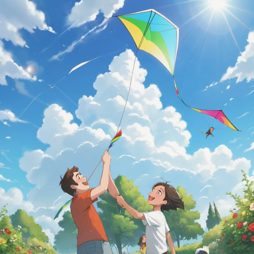 a father and young son,flying a kite,standing on the roof of their house,beautiful sunny day,green garden below,gentle breeze,joyful expressions on their faces,vibrant colors,realistic lighting,high resolution,strong bond between father and son,happy childhood memories,rooftop view of the neighborhood,fluffy white clouds in the sky,playful movements,carefree atmosphere,striking composition,intense blue sky,surrounded by tall trees,peaceful surroundings,excitement in the air,wind blowing through their hair,perfectly shaped kite,laughing and shouting with delight,seamless connection between father and son,adventurous spirit,bright and cheerful atmosphere,endless possibilities in the open sky,memorable family moment,deep connection with nature,awe-inspiring sight of the soaring kite,captivating perspective.