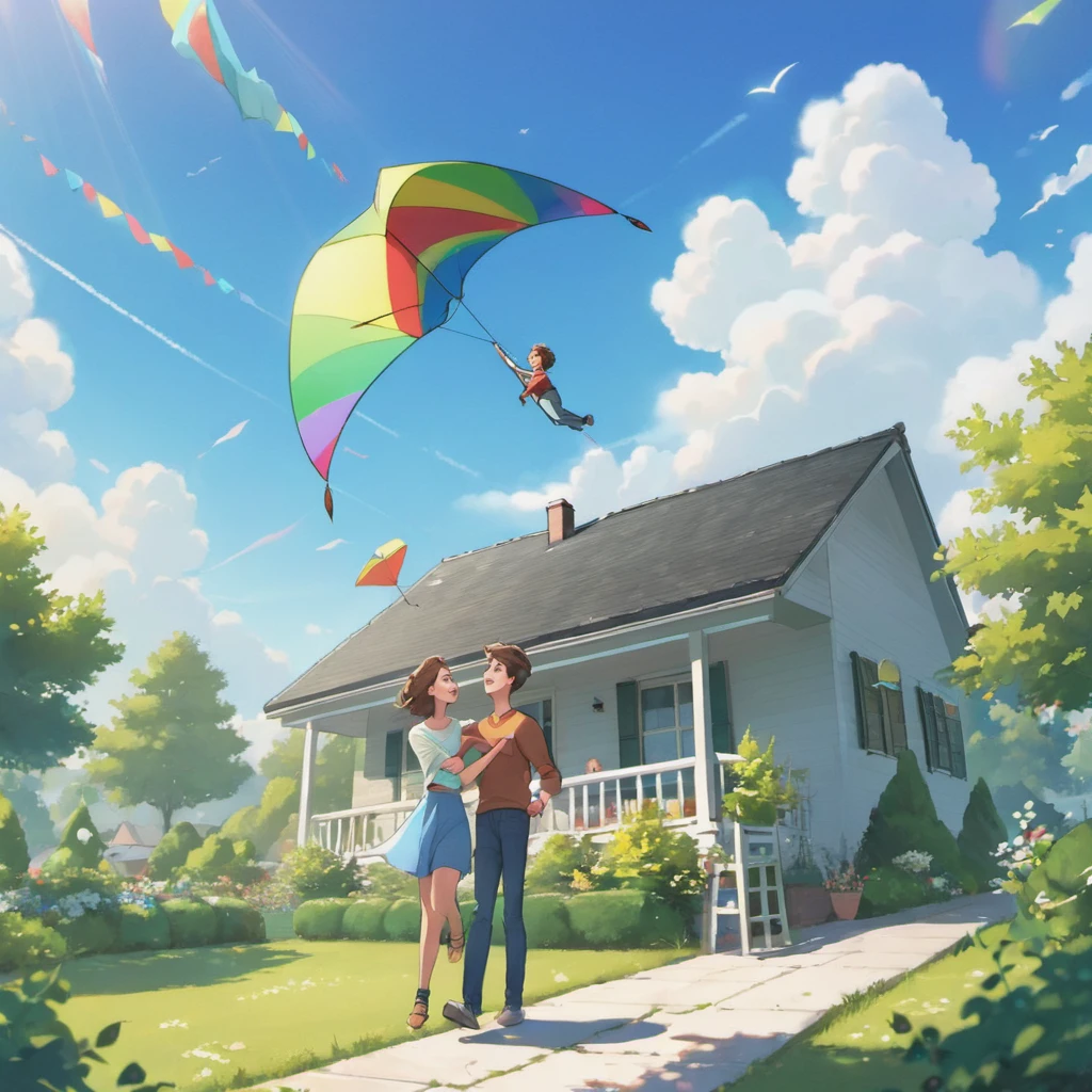 a father and young son,flying a kite,standing on the roof of their house,beautiful sunny day,green garden below,gentle breeze,joyful expressions on their faces,vibrant colors,realistic lighting,high resolution,strong bond between father and son,happy childhood memories,rooftop view of the neighborhood,fluffy white clouds in the sky,playful movements,carefree atmosphere,striking composition,intense blue sky,surrounded by tall trees,peaceful surroundings,excitement in the air,wind blowing through their hair,perfectly shaped kite,laughing and shouting with delight,seamless connection between father and son,adventurous spirit,bright and cheerful atmosphere,endless possibilities in the open sky,memorable family moment,deep connection with nature,awe-inspiring sight of the soaring kite,captivating perspective.