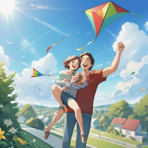 a father and young son,flying a kite,standing on the roof of their house,beautiful sunny day,green garden below,gentle breeze,jo...