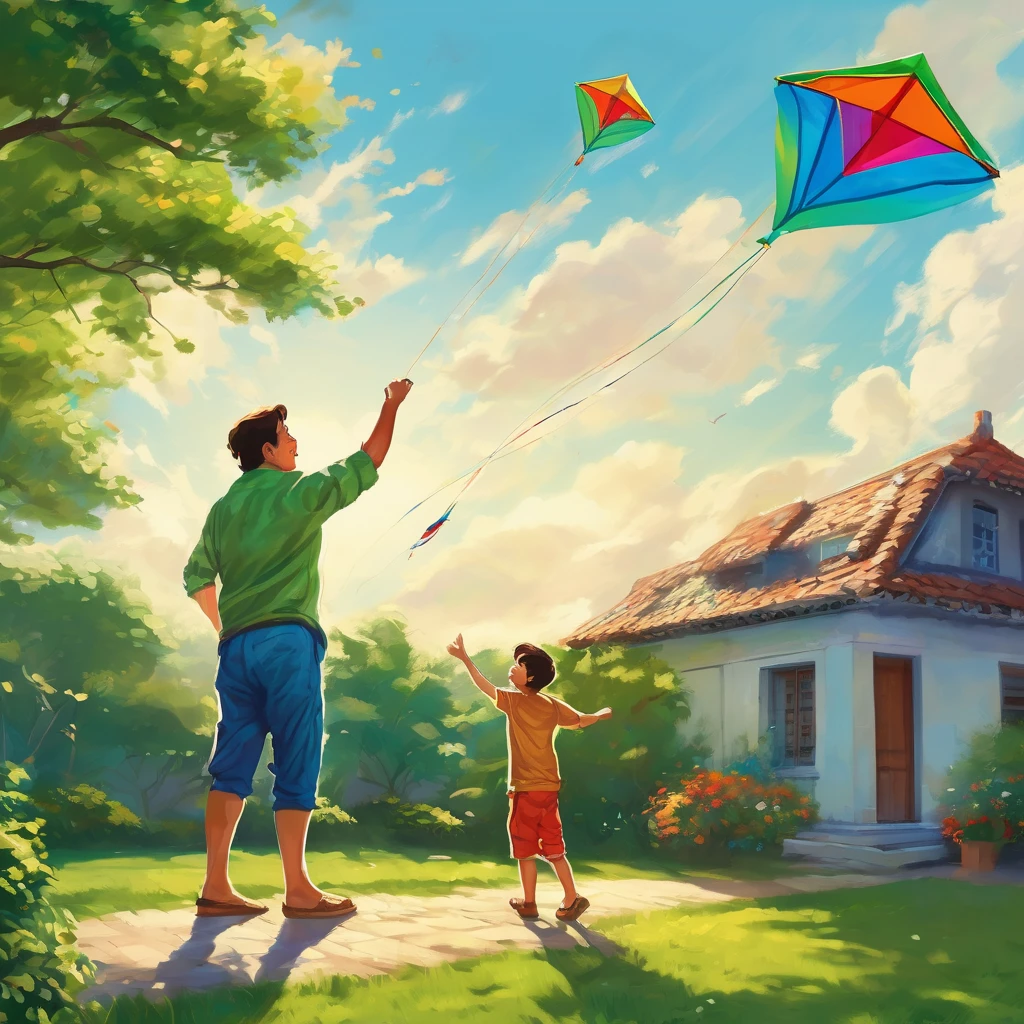 a father and young son,flying a kite,standing on the roof of their house,beautiful sunny day,green garden below,gentle breeze,joyful expressions on their faces,vibrant colors,realistic lighting,high resolution,strong bond between father and son,happy childhood memories,rooftop view of the neighborhood,fluffy white clouds in the sky,playful movements,carefree atmosphere,striking composition,intense blue sky,surrounded by tall trees,peaceful surroundings,excitement in the air,wind blowing through their hair,perfectly shaped kite,laughing and shouting with delight,seamless connection between father and son,adventurous spirit,bright and cheerful atmosphere,endless possibilities in the open sky,memorable family moment,deep connection with nature,awe-inspiring sight of the soaring kite,captivating perspective.