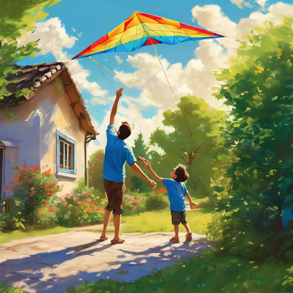 a father and young son,flying a kite,standing on the roof of their house,beautiful sunny day,green garden below,gentle breeze,joyful expressions on their faces,vibrant colors,realistic lighting,high resolution,strong bond between father and son,happy childhood memories,rooftop view of the neighborhood,fluffy white clouds in the sky,playful movements,carefree atmosphere,striking composition,intense blue sky,surrounded by tall trees,peaceful surroundings,excitement in the air,wind blowing through their hair,perfectly shaped kite,laughing and shouting with delight,seamless connection between father and son,adventurous spirit,bright and cheerful atmosphere,endless possibilities in the open sky,memorable family moment,deep connection with nature,awe-inspiring sight of the soaring kite,captivating perspective.