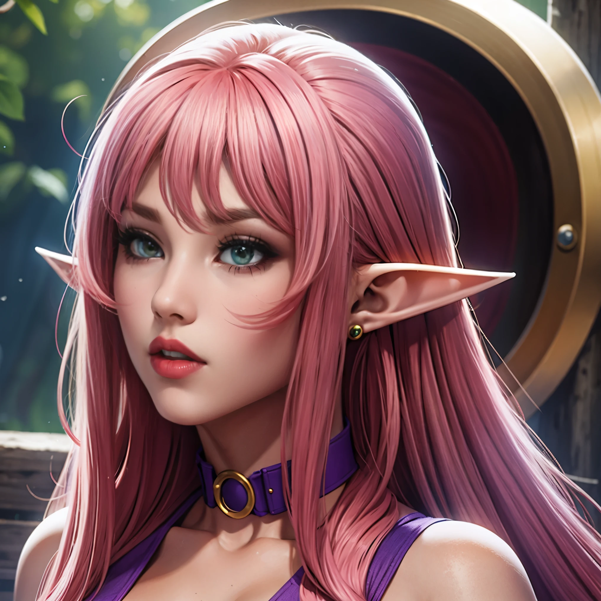 (masterpiece, best quality:1.2), 1 elf girl, solo, long hair, pink hair, straight hair, green eyes, beautiful eyes, full red lips, collar, purple clothes