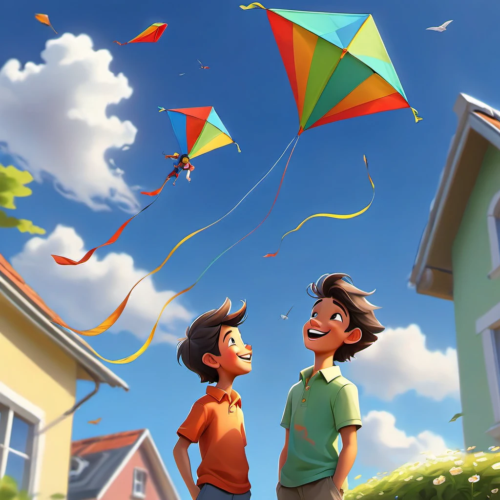 a father and young son,flying a kite,standing on the roof of their house,beautiful sunny day,green garden below,gentle breeze,joyful expressions on their faces,vibrant colors,realistic lighting,high resolution,strong bond between father and son,happy childhood memories,rooftop view of the neighborhood,fluffy white clouds in the sky,playful movements,carefree atmosphere,striking composition,intense blue sky,surrounded by tall trees,peaceful surroundings,excitement in the air,wind blowing through their hair,perfectly shaped kite,laughing and shouting with delight,seamless connection between father and son,adventurous spirit,bright and cheerful atmosphere,endless possibilities in the open sky,memorable family moment,deep connection with nature,awe-inspiring sight of the soaring kite,captivating perspective.