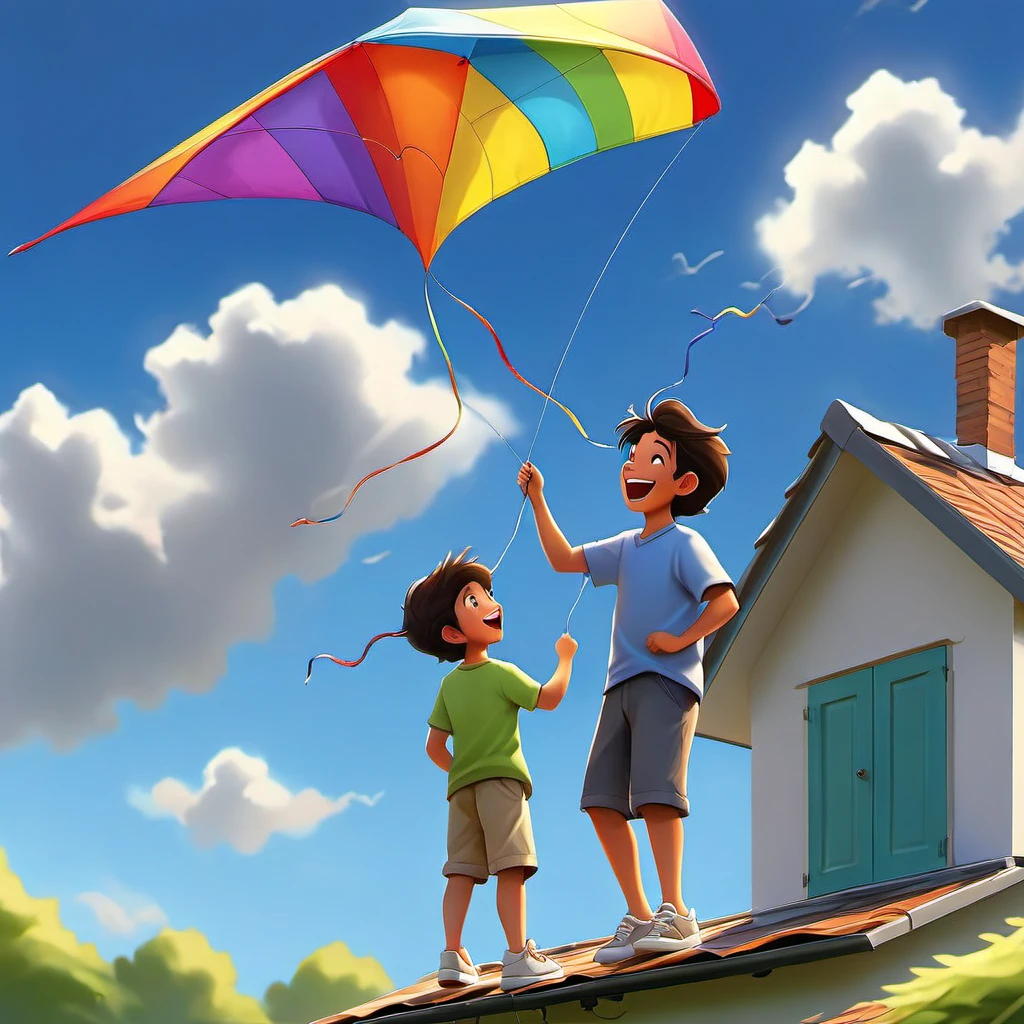 a father and young son,flying a kite,standing on the roof of their house,beautiful sunny day,green garden below,gentle breeze,joyful expressions on their faces,vibrant colors,realistic lighting,high resolution,strong bond between father and son,happy childhood memories,rooftop view of the neighborhood,fluffy white clouds in the sky,playful movements,carefree atmosphere,striking composition,intense blue sky,surrounded by tall trees,peaceful surroundings,excitement in the air,wind blowing through their hair,perfectly shaped kite,laughing and shouting with delight,seamless connection between father and son,adventurous spirit,bright and cheerful atmosphere,endless possibilities in the open sky,memorable family moment,deep connection with nature,awe-inspiring sight of the soaring kite,captivating perspective.