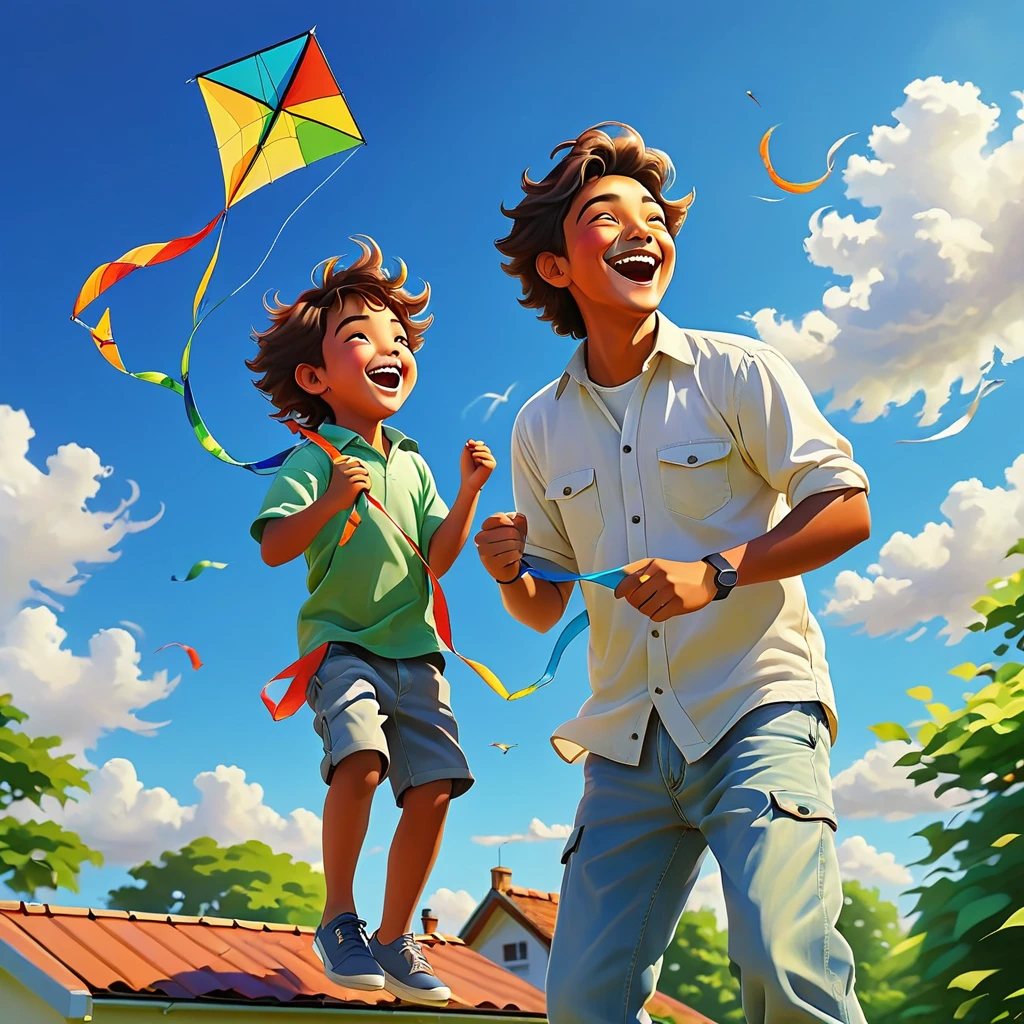 a father and young son,flying a kite,standing on the roof of their house,beautiful sunny day,green garden below,gentle breeze,joyful expressions on their faces,vibrant colors,realistic lighting,high resolution,strong bond between father and son,happy childhood memories,rooftop view of the neighborhood,fluffy white clouds in the sky,playful movements,carefree atmosphere,striking composition,intense blue sky,surrounded by tall trees,peaceful surroundings,excitement in the air,wind blowing through their hair,perfectly shaped kite,laughing and shouting with delight,seamless connection between father and son,adventurous spirit,bright and cheerful atmosphere,endless possibilities in the open sky,memorable family moment,deep connection with nature,awe-inspiring sight of the soaring kite,captivating perspective.