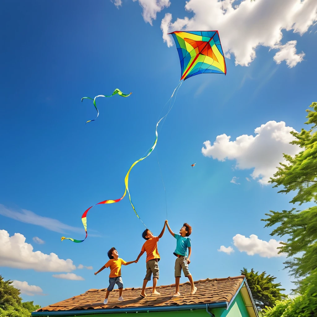 a father and young son,flying a kite,standing on the roof of their house,beautiful sunny day,green garden below,gentle breeze,joyful expressions on their faces,vibrant colors,realistic lighting,high resolution,strong bond between father and son,happy childhood memories,rooftop view of the neighborhood,fluffy white clouds in the sky,playful movements,carefree atmosphere,striking composition,intense blue sky,surrounded by tall trees,peaceful surroundings,excitement in the air,wind blowing through their hair,perfectly shaped kite,laughing and shouting with delight,seamless connection between father and son,adventurous spirit,bright and cheerful atmosphere,endless possibilities in the open sky,memorable family moment,deep connection with nature,awe-inspiring sight of the soaring kite,captivating perspective.