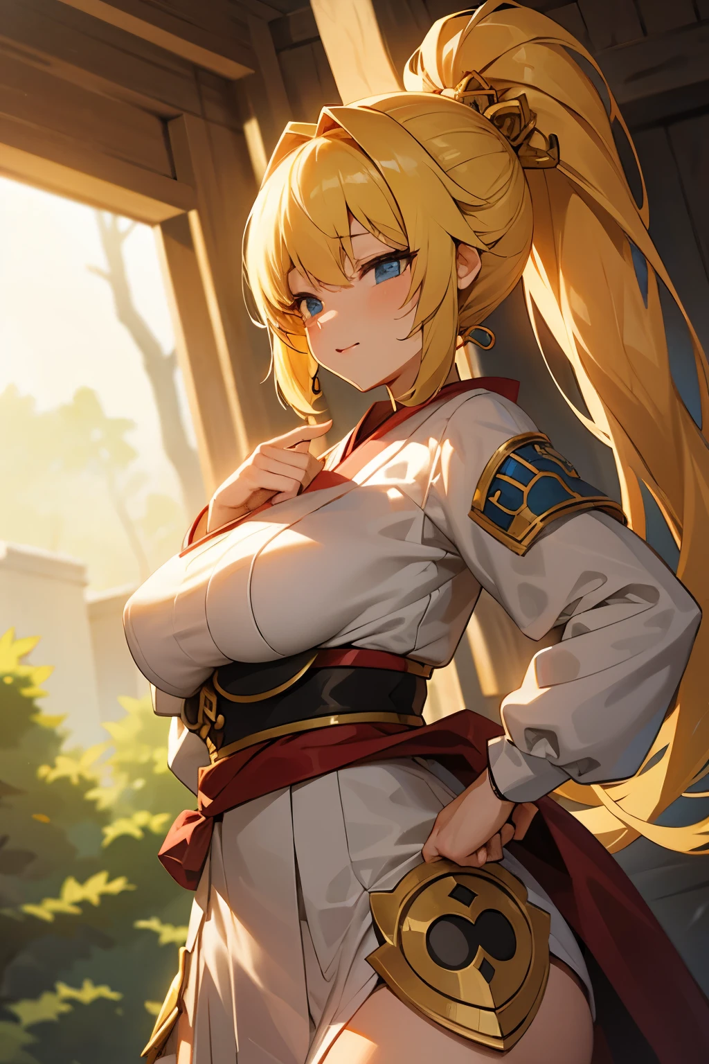 {anime girl}, {japanese clothes}, golden hair, ponytail, shiny hair, beautiful, {fantasy}, adventurer, sun warrior, {sun powers}, fantasy outfit, {fighter}, {fighting outfit}, sexy clothes, big 