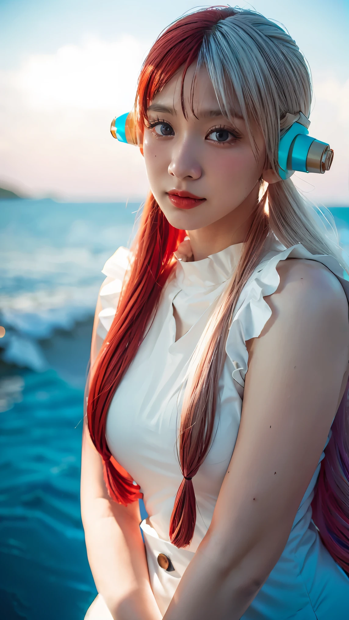 1girl,uta in anime onepiece,red and white hair,red eyes,beautiful,white clothes,sea background,(best quality,4k,8k,highres,masterpiece:1.2),ultra-detailed,(realistic,photorealistic,photo-realistic:1.37),red lips,portrait,anime,soft lighting,vibrant colors,strong shadows,subtle highlights,bokeh