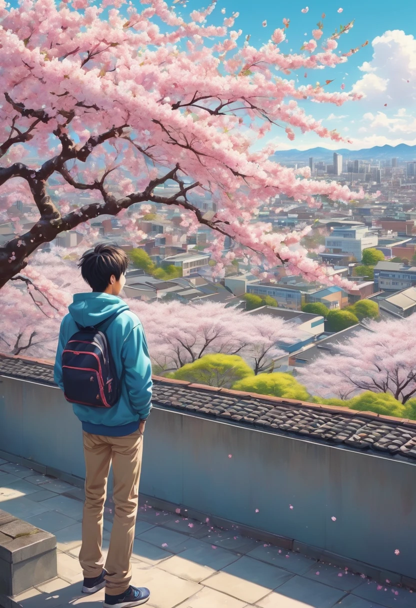 High school boy standing on the roof,Looking down on the schoolyard from the roof of a high school building,A male high school student wearing a hoodie standing on the roof,Cherry blossoms blooming in the schoolyard,blurred background,卒業に相応しい感傷的でFantasyな光景,spring,Cherry tree in full bloom,Scattering cherry blossom petals,today、My favorite senior is graduating,farewell,sadness,dream-like,Fantasy,Intricate details,Color illustrations,Zentangle Elements,rendering,colorful,colorfulな呪文を唱える,Wide range of colors,Intricate details,rendering,,masterpiece,最高masterpiece,highest quality,Beautiful light and shadow,