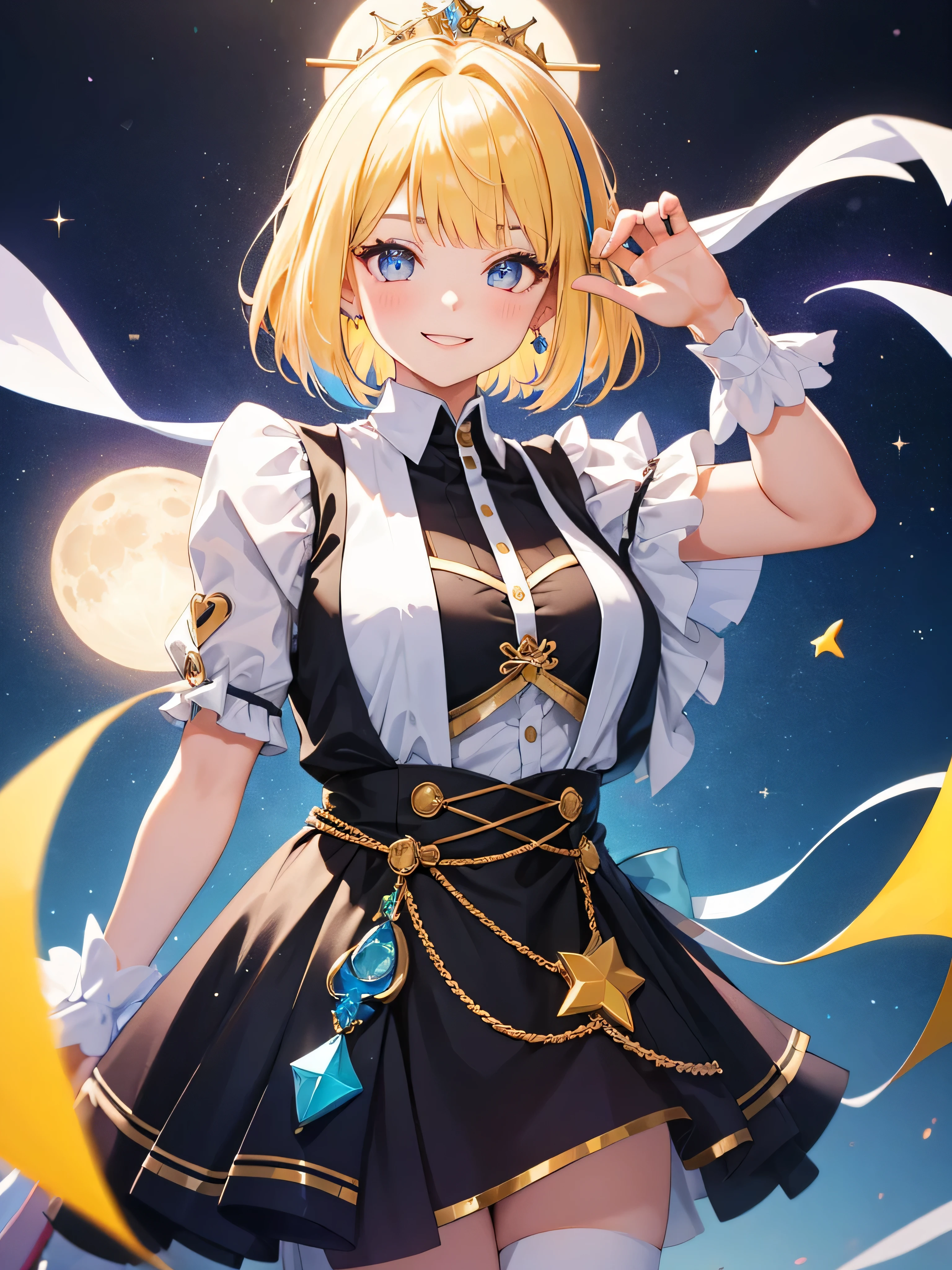 une fille, Brillant, blond, yeux bleu vif, motif coeur, étoile, lune, cheveux courts, frange uniforme, Cheveux multicolores, princesse, Salem, lumière latérale, particules de lumière, Fond d&#39;écran, grand, dodu, idole, idole costume, Déguisements mignons, Superbes costumes, robe, lâche, duveteux, sourire, gentil, clair, 