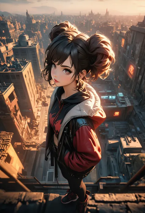 Overlooking，Punk girl standing on the city rooftop，Full body portrait，Celluloid style，Flat coating，HD，CG Art，comics，8K，Looking at the camera，high quality，illustration，Depth of Field，CG Art，Movie Lighting，8K，Ultra Detailed，complex，OC Renderer，cinematic pers...