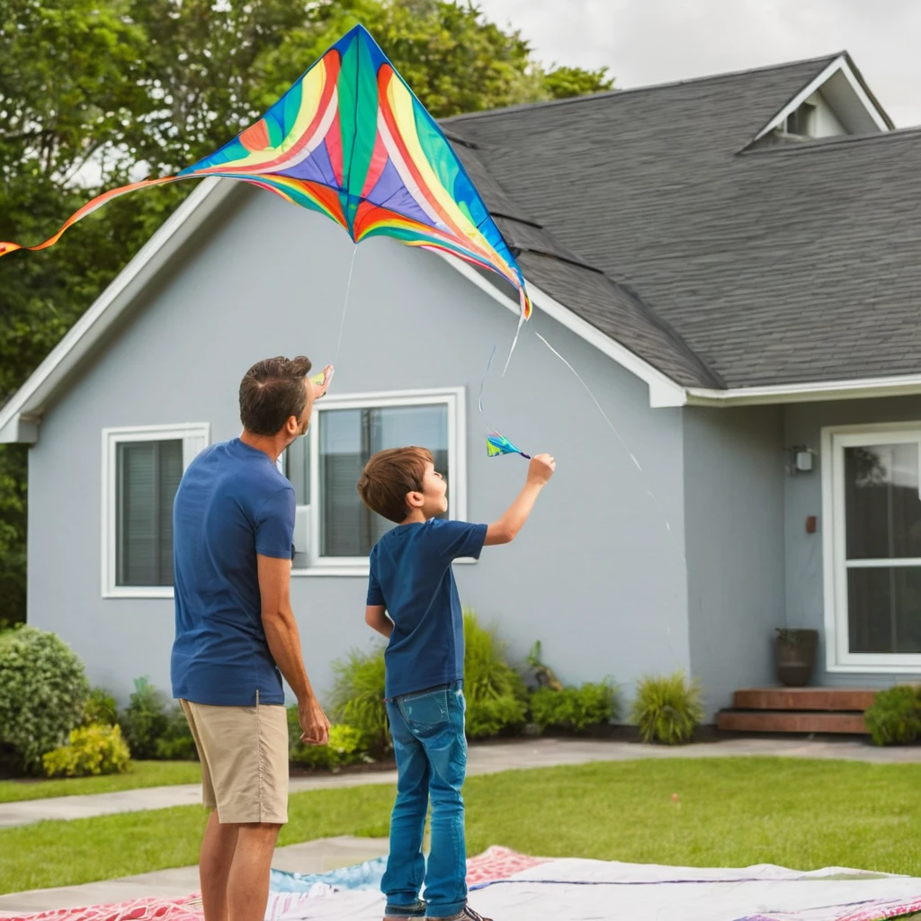 a father and young son,flying a kite,standing on the roof of their house,beautiful sunny day,green garden below,gentle breeze,joyful expressions on their faces,vibrant colors,realistic lighting,high resolution,strong bond between father and son,happy childhood memories,rooftop view of the neighborhood,fluffy white clouds in the sky,playful movements,carefree atmosphere,striking composition,intense blue sky,surrounded by tall trees,peaceful surroundings,excitement in the air,wind blowing through their hair,perfectly shaped kite,laughing and shouting with delight,seamless connection between father and son,adventurous spirit,bright and cheerful atmosphere,endless possibilities in the open sky,memorable family moment,deep connection with nature,awe-inspiring sight of the soaring kite,captivating perspective.