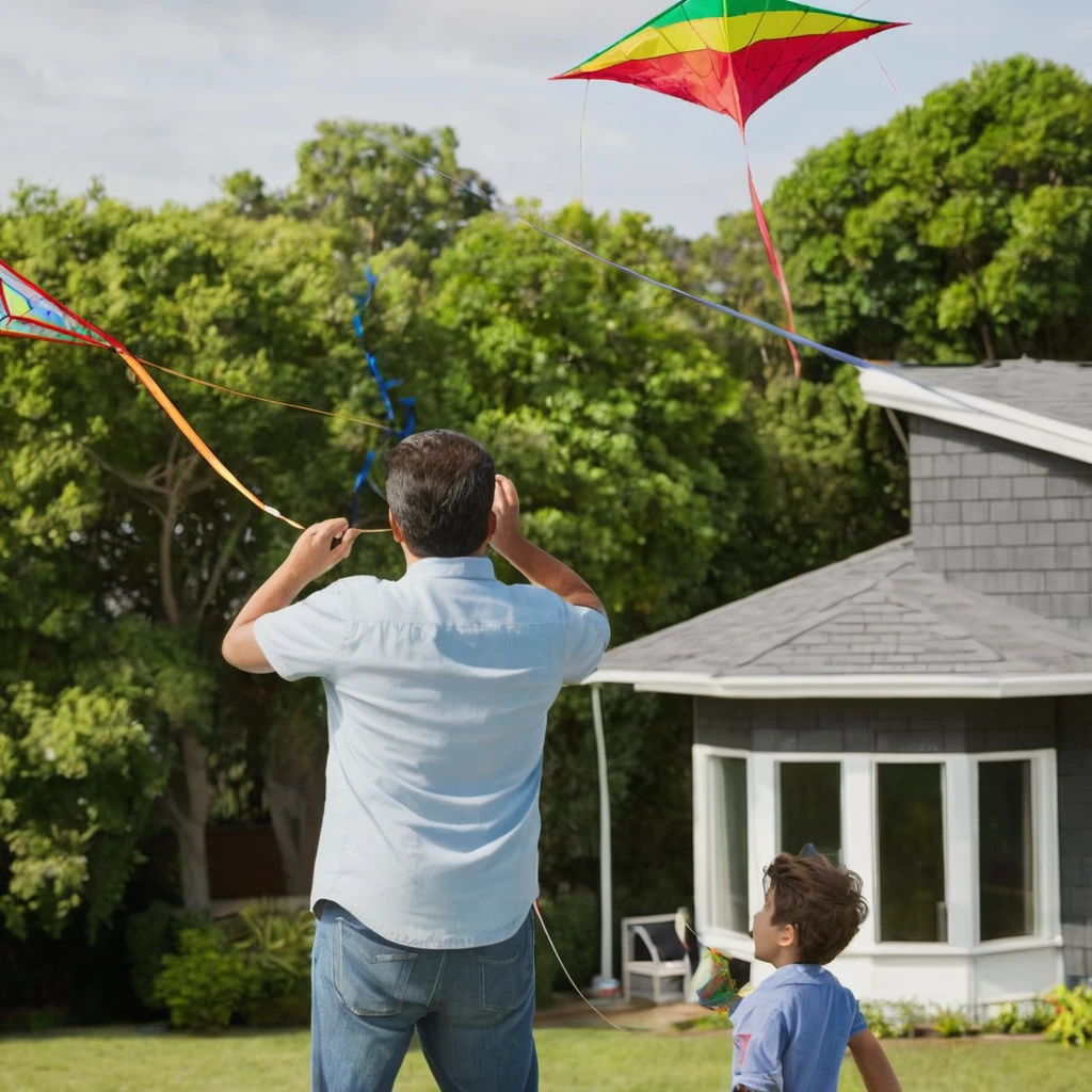 a father and young son,flying a kite,standing on the roof of their house,beautiful sunny day,green garden below,gentle breeze,joyful expressions on their faces,vibrant colors,realistic lighting,high resolution,strong bond between father and son,happy childhood memories,rooftop view of the neighborhood,fluffy white clouds in the sky,playful movements,carefree atmosphere,striking composition,intense blue sky,surrounded by tall trees,peaceful surroundings,excitement in the air,wind blowing through their hair,perfectly shaped kite,laughing and shouting with delight,seamless connection between father and son,adventurous spirit,bright and cheerful atmosphere,endless possibilities in the open sky,memorable family moment,deep connection with nature,awe-inspiring sight of the soaring kite,captivating perspective.