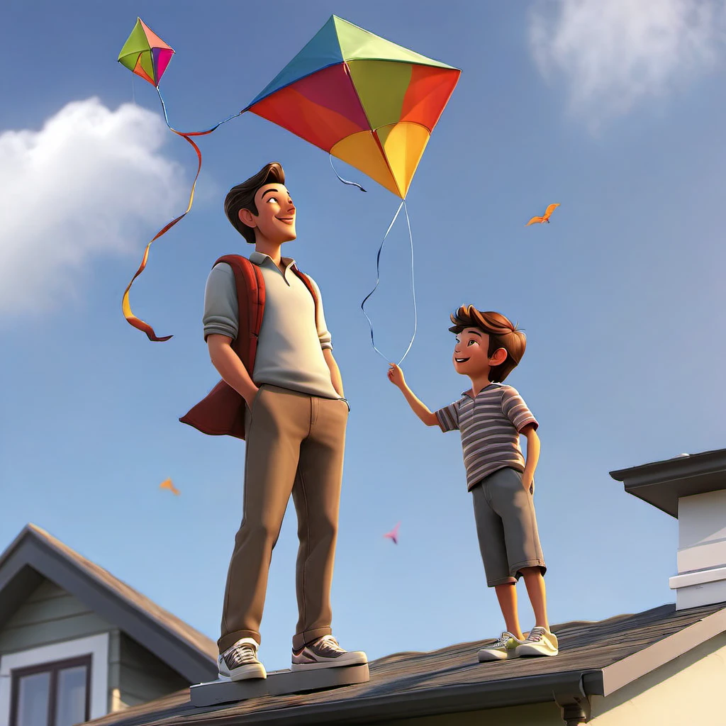 a father and young son,flying a kite,standing on the roof of their house,beautiful sunny day,green garden below,gentle breeze,joyful expressions on their faces,vibrant colors,realistic lighting,high resolution,strong bond between father and son,happy childhood memories,rooftop view of the neighborhood,fluffy white clouds in the sky,playful movements,carefree atmosphere,striking composition,intense blue sky,surrounded by tall trees,peaceful surroundings,excitement in the air,wind blowing through their hair,perfectly shaped kite,laughing and shouting with delight,seamless connection between father and son,adventurous spirit,bright and cheerful atmosphere,endless possibilities in the open sky,memorable family moment,deep connection with nature,awe-inspiring sight of the soaring kite,captivating perspective.