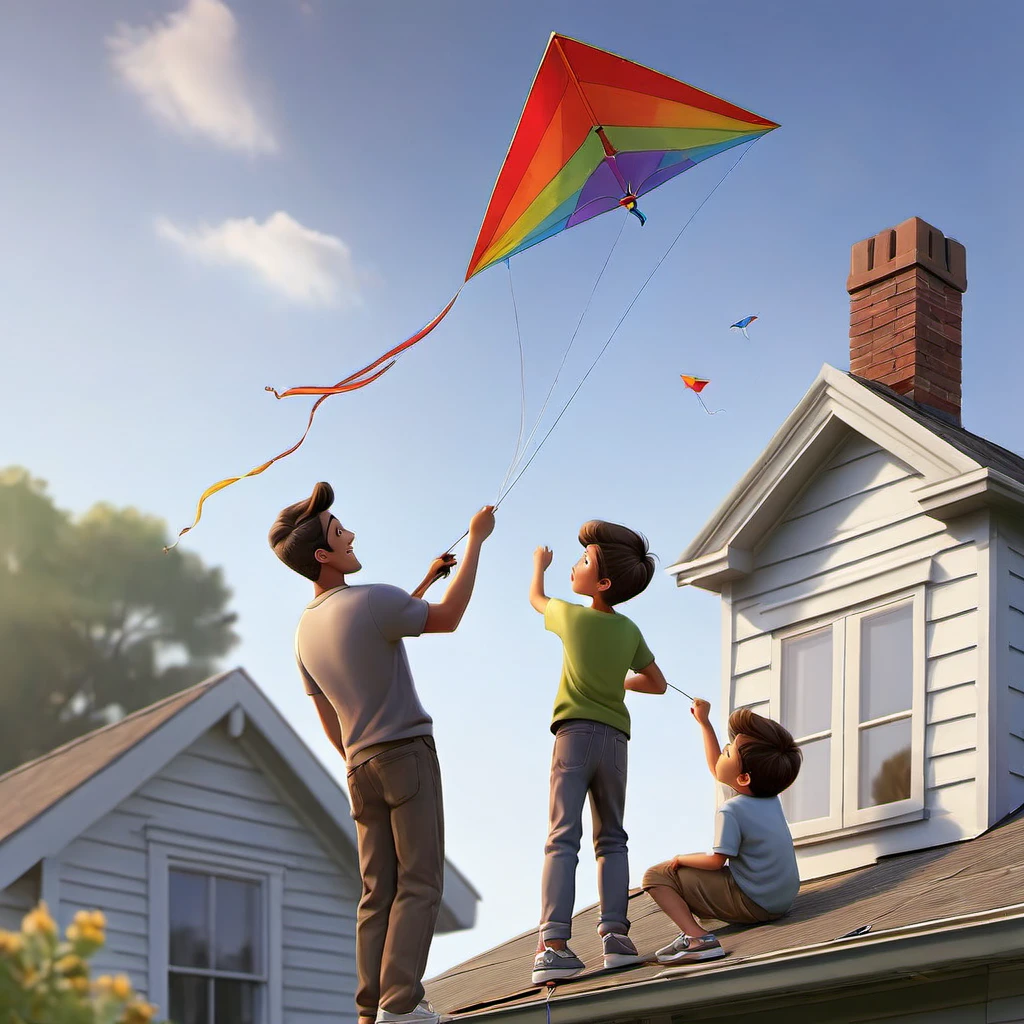 a father and young son,flying a kite,standing on the roof of their house,beautiful sunny day,green garden below,gentle breeze,joyful expressions on their faces,vibrant colors,realistic lighting,high resolution,strong bond between father and son,happy childhood memories,rooftop view of the neighborhood,fluffy white clouds in the sky,playful movements,carefree atmosphere,striking composition,intense blue sky,surrounded by tall trees,peaceful surroundings,excitement in the air,wind blowing through their hair,perfectly shaped kite,laughing and shouting with delight,seamless connection between father and son,adventurous spirit,bright and cheerful atmosphere,endless possibilities in the open sky,memorable family moment,deep connection with nature,awe-inspiring sight of the soaring kite,captivating perspective.