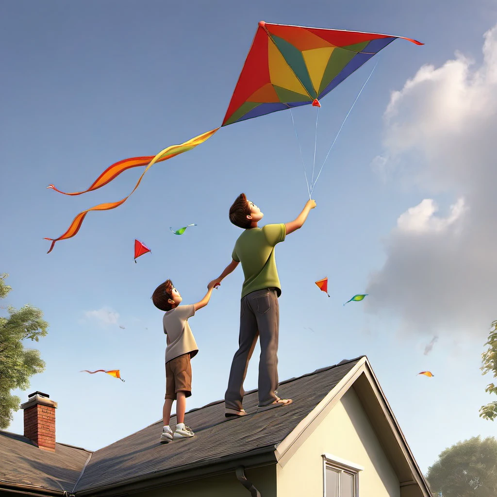 a father and young son,flying a kite,standing on the roof of their house,beautiful sunny day,green garden below,gentle breeze,joyful expressions on their faces,vibrant colors,realistic lighting,high resolution,strong bond between father and son,happy childhood memories,rooftop view of the neighborhood,fluffy white clouds in the sky,playful movements,carefree atmosphere,striking composition,intense blue sky,surrounded by tall trees,peaceful surroundings,excitement in the air,wind blowing through their hair,perfectly shaped kite,laughing and shouting with delight,seamless connection between father and son,adventurous spirit,bright and cheerful atmosphere,endless possibilities in the open sky,memorable family moment,deep connection with nature,awe-inspiring sight of the soaring kite,captivating perspective.