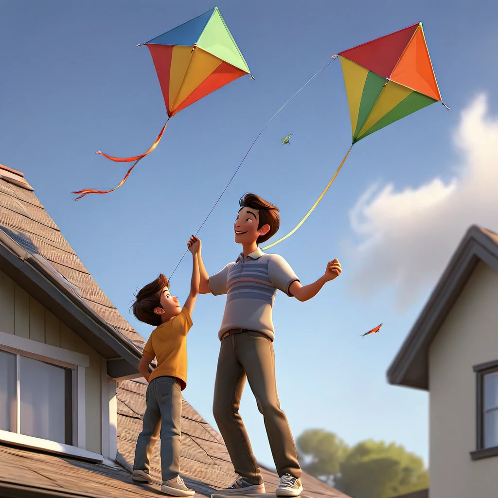 a father and young son,flying a kite,standing on the roof of their house,beautiful sunny day,green garden below,gentle breeze,joyful expressions on their faces,vibrant colors,realistic lighting,high resolution,strong bond between father and son,happy childhood memories,rooftop view of the neighborhood,fluffy white clouds in the sky,playful movements,carefree atmosphere,striking composition,intense blue sky,surrounded by tall trees,peaceful surroundings,excitement in the air,wind blowing through their hair,perfectly shaped kite,laughing and shouting with delight,seamless connection between father and son,adventurous spirit,bright and cheerful atmosphere,endless possibilities in the open sky,memorable family moment,deep connection with nature,awe-inspiring sight of the soaring kite,captivating perspective.