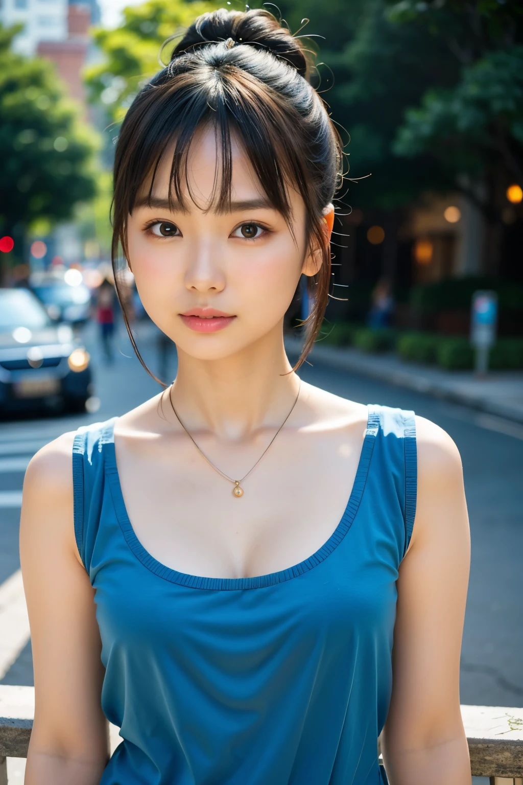 A beautiful Asian girl, with a bun skillfully assembled atop her head, adorned with a necklace that gracefully rested against her delicate collarbone, flashed a radiant smile towards the viewer. The gentle sunlight painted her features with a golden glow, while her attire consisted of tranquil blue clothes that further accentuated her ethereal beauty. The intricately detailed scene was captured in an 8K, top-quality, masterpiece, boasting lifelike vividness that was as captivating as the girl herself. With a serene expression and soft, shining skin, she stood in the foreground, the blurry cityscape serving as a tranquil backdrop to her rad