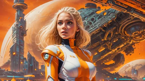 arafed image of a white woman in a futuristic suit with a spaceship in the background, movie art, in front of an orange backgrou...