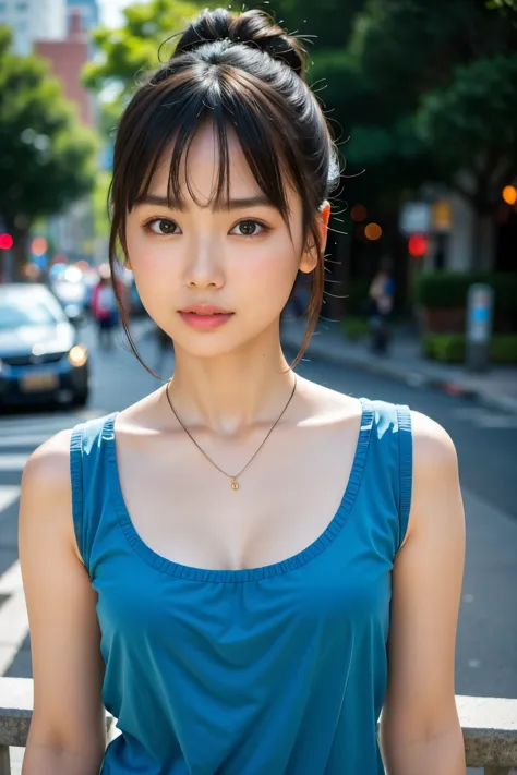 A beautiful Asian girl, with a bun skillfully assembled atop her head, adorned with a necklace that gracefully rested against he...