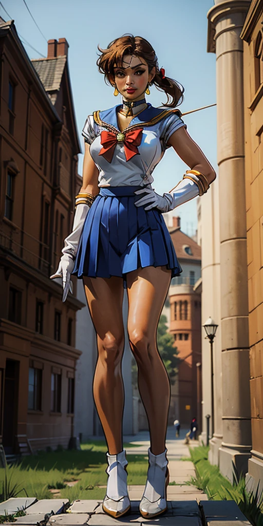 best quality, (masterpiece:1.2), highly detailed, standing, outdoors, building, school, FEMALE hand on hips 1girl, solo, standing, looking at the viewer, smile, sign to viewer brown hair, ponytail, brown eyes, scrunchie, (sailor senshi uniform), circlet, jewelry, earrings, choker, red bow, white gloves, elbow gloves, blue skirt