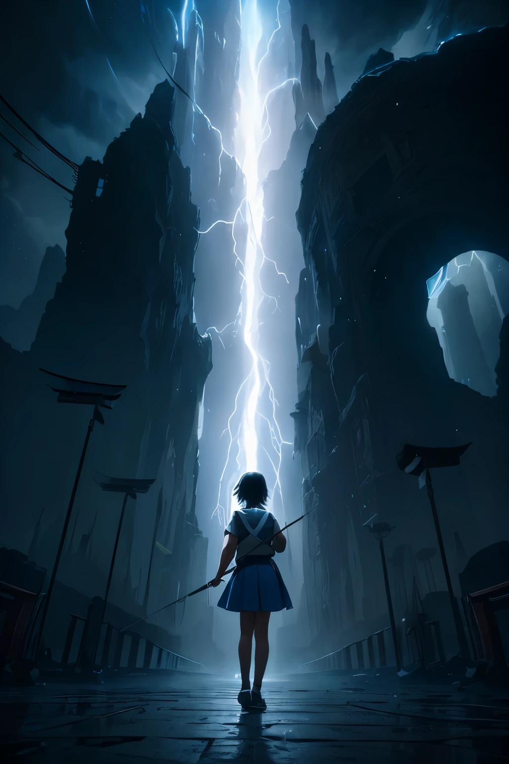 A small cute but frail girl holding a small hunting bow, quiver with arrows on her back, wearing a Japanese school girl uniform, white blouse short blue skirt blue sweater vest, and school insignia, short dark hair, big round brown eyes, standing at the gates of forever, bow and arrows, girlwind chimes, tones of wind, chimes ringing in eternity, dark foreboding planet of sand and ash, hums and chimes with long lost civilizations ghosts, hollows wind, hollow, hallowed, strike the bell, peal the rhyme let lose the thunder on high, crack lightnings whip,digital artwork by Beksinski, traveler through refined beauty and color variation, a peek into the eternal,  temple, (torii:1.2), evening, neon lights, futuristic, elegant, glowing, mysterious, meditation, chaos, destruction, storm, scenic, iconic, midjourney, cyberpunk, neo-tokyo, scifi, looking at viewer, light and dark, life and death, 2-tone body, holding large sword, nodf_lora, surrounded by multiple swords stabbed into the ground