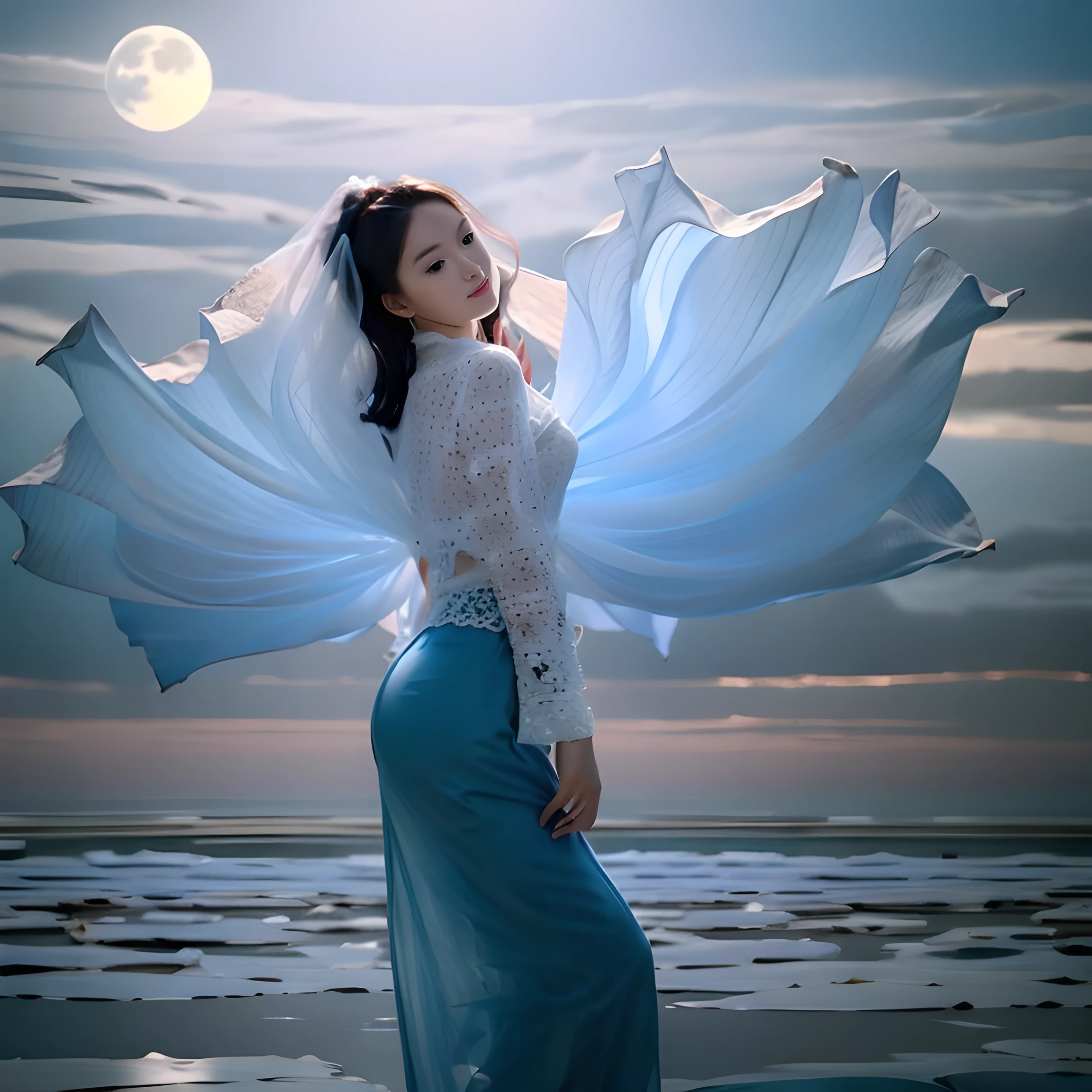 lifelike，Realism，photography，masterpiece，Best quality，Ultra Detailed，1girl，water，flower，Blue Theme，dress，moon，Standing in the water，Flowing long skirt，鲜flower，flower petals，pole
Minimalist，Ocean View，Ocean View，Ocean，Full Moon
