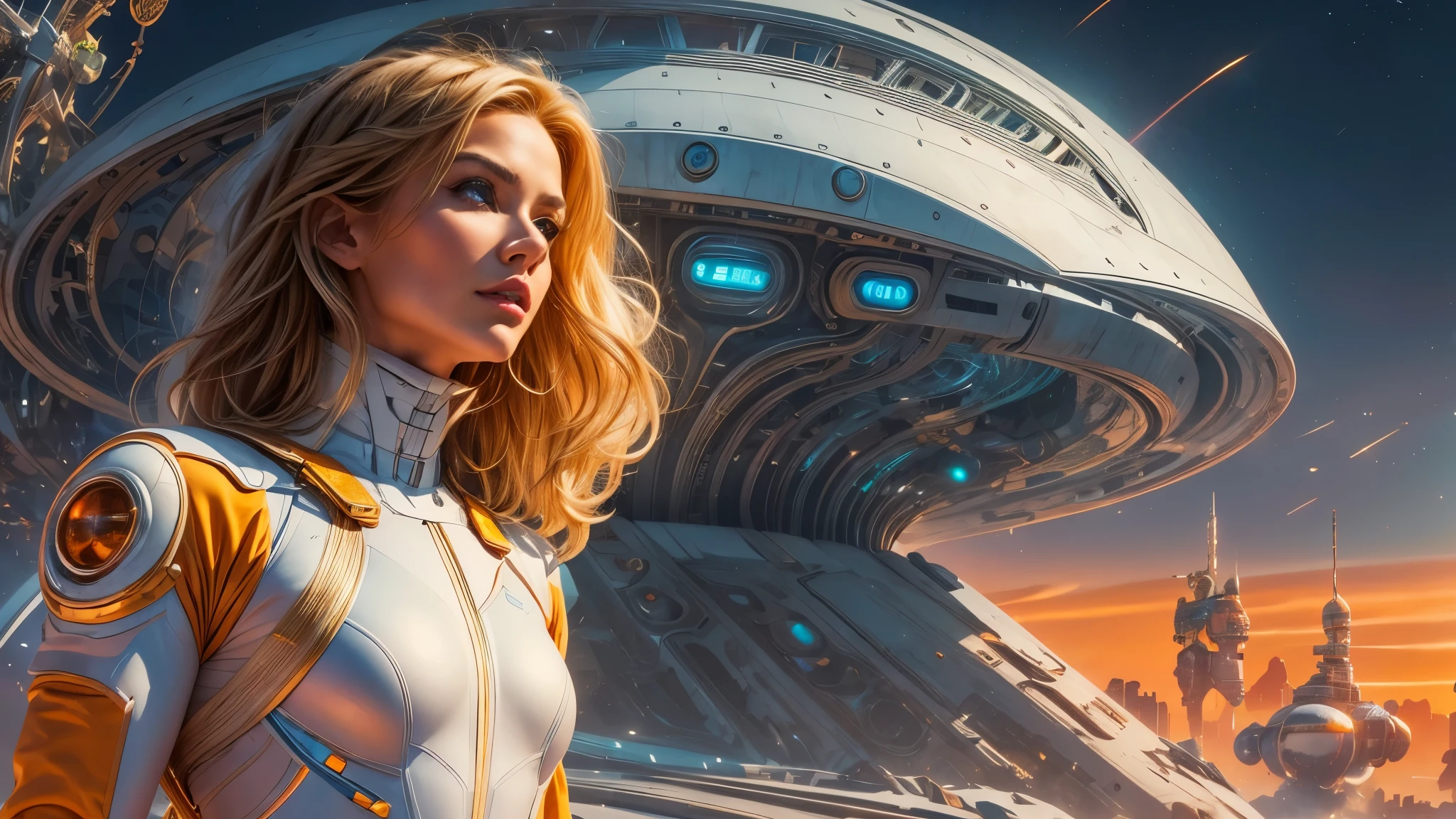 arafed image of a white woman in a futuristic suit with a spaceship in the background, movie art, in front of an orange background, inspired by Robert McGinnis, female protagonist, megastructure in the background, portrait of an ai astronaut, astronauts, an astronaut, portrait of a astronaut skeletor, perfect android girl, detailed eyes, perfectly detailed teeth, frank franzzeta and sakimichan  