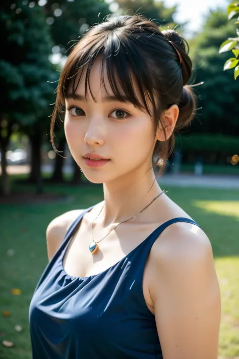 A beautiful Asian girl with a neat bun atop her head adorned with a delicate necklace, a captivating smile gracing her face, and...