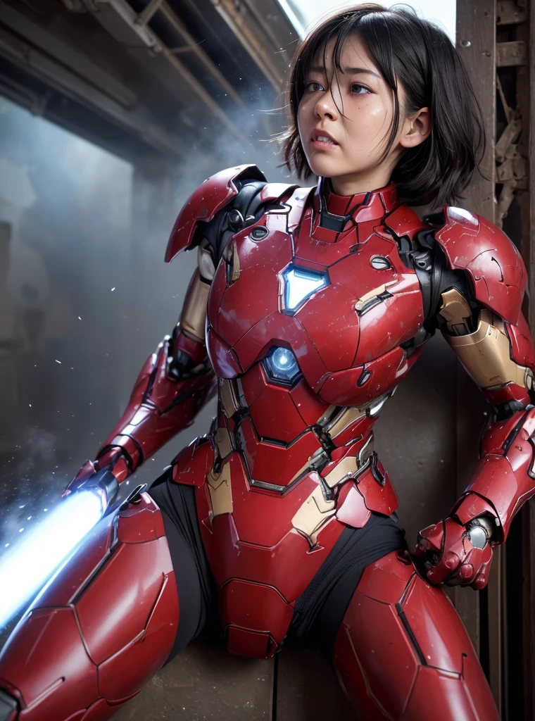  Very detailed, Advanced Details, high quality, 最high quality, High resolution, 1080p, hard disk, beautiful,(sweaty face,She&#39;s wearing a heavily damaged mech,full body shot　Wearing a bright red Iron Man suit　Short Hair　Black Hair　Kindergarten girl　Spread your legs wide　No skin exposed except the face　Steam from the head　　Only the face of the full-face mechanical helmet is exposed　Steam from the head　Open mouth and disgusted expression　Losing the battle　Armor is badly damaged　Armor fragments fly off　I&#39;m under fire.　My glasses are broken