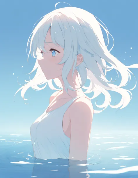 a woman with white hair standing in the water looking at something