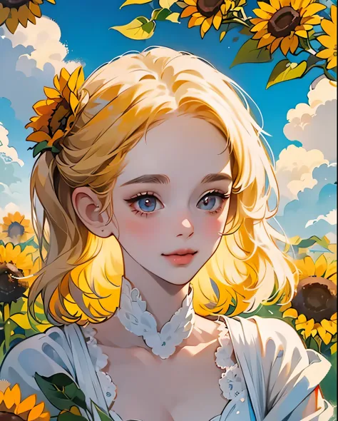 masterpiec, high quality, 1girl, golden hair，sunflowers are worn on the head, clouds, closeup cleavage, brightly, cheerfulness, ...