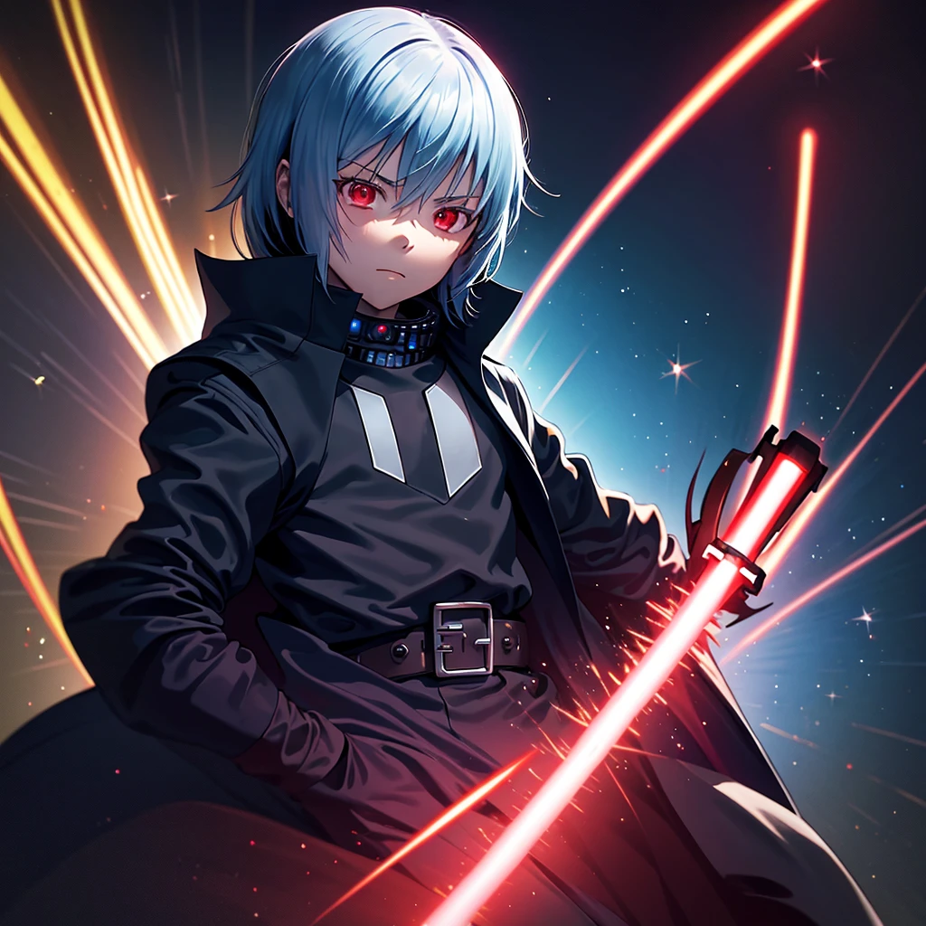 A 12-year-old boy with red eyes stands alone in the vastness of space. He is dressed as a Sith from Star Wars, wielding a red lightsaber. The portrait is ultra-detailed, with a sharp focus on the boy's intensity and determination. The colors in the image are vivid, creating a striking contrast against the cosmic lighting that illuminates the scene.