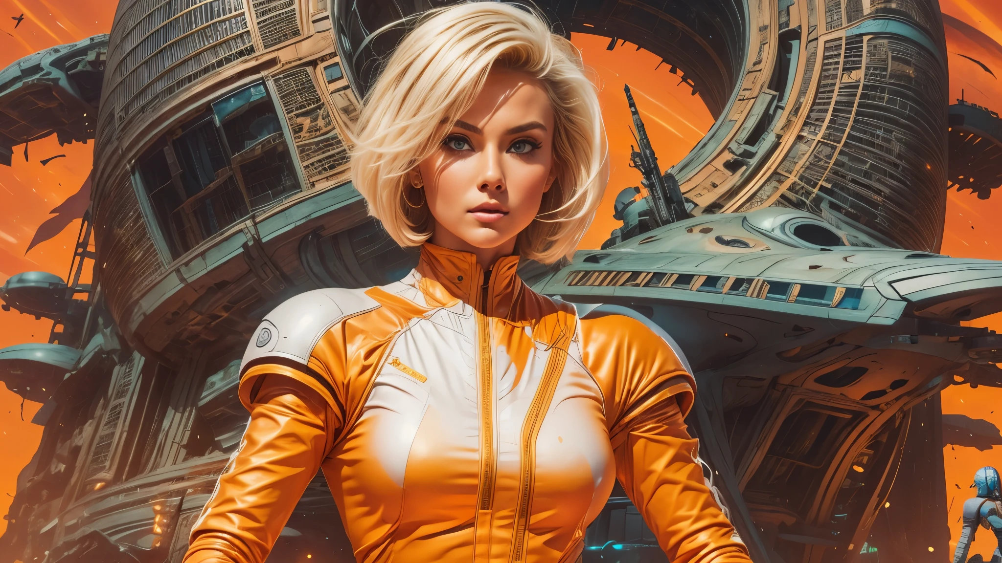 image arafée d&#39;une femme blanche dans un costume futuriste avec un vaisseau spatial en arrière-plan, art du cinéma, devant un fond orange, inspiré par Robert McGinnis, protagoniste féminine, mégastructure en arrière-plan, portrait d&#39;un astronaute IA, astronautes, un astronaute, portrait d&#39;un squelette d&#39;astronaute, fille androïde parfaite, yeux détaillés, dents parfaitement détaillées, Frank Franzzeta et Sakimichan  