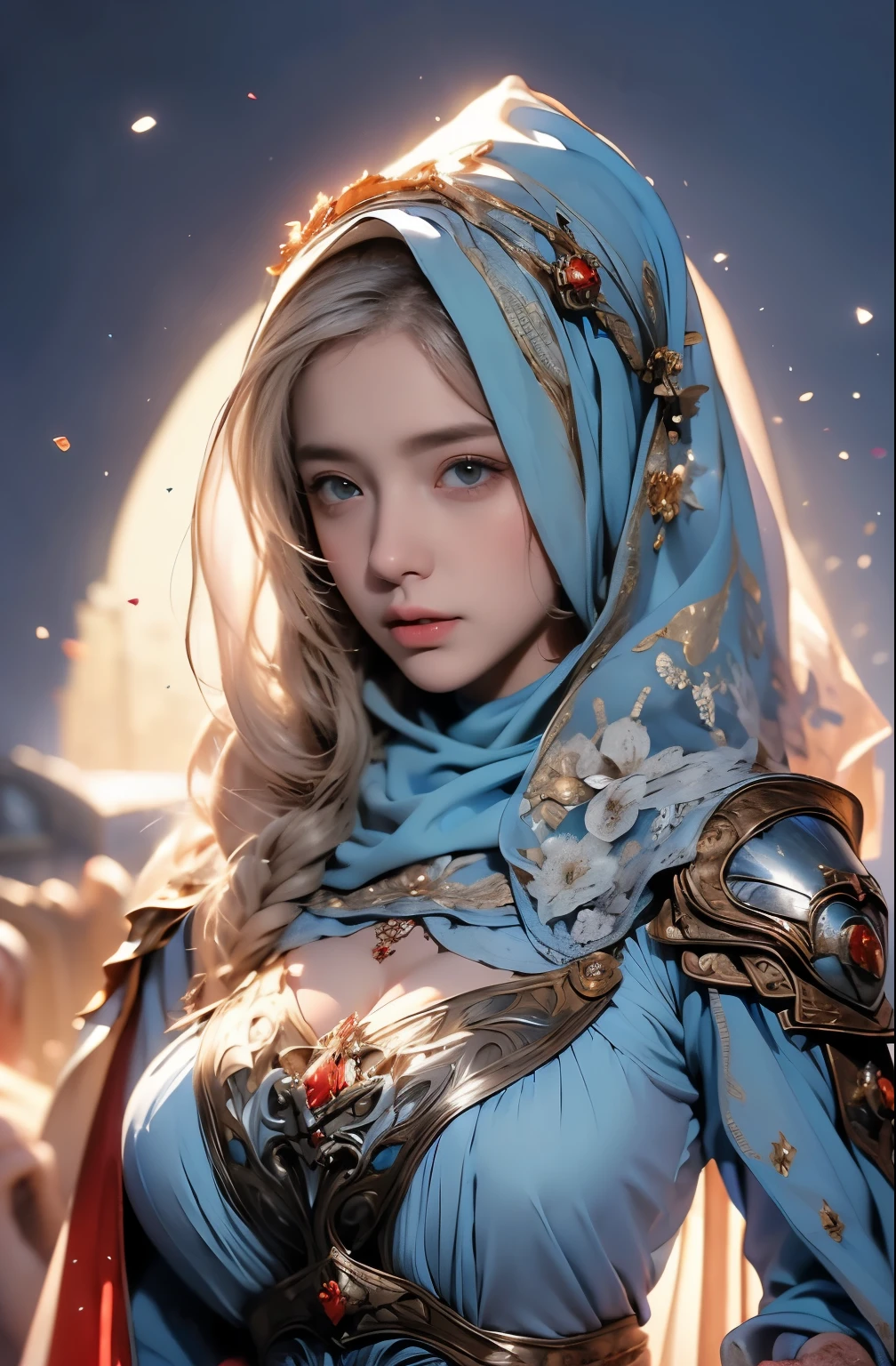 wearing a hijab  , blue eye, blond hair, around 17 years old, (golden silver hijab), tmasterpiece，Best quality at best，A high resolution，8K，((Portrait))，(upper body)，Original photo，real photograph，digital photography，(Female princess in the medieval fantasy style)，(Medieval princess in fantasy style), sexy princess ，blue eye， super colossal brest, round colossal breast extravagant ornament，cparted lips，Keep your mouth shuegant and charming，((Blushing))，virgin contempt，Calm and handsome，(Medieval fantasy dress，The Beautiful super huge round breast, small waist, perfect colossal breast of princess body, a blue delicate pattern，red Cloak)，(princes medieval character medieval fantasy style，oc render reflection texture, sexy style,  sexy colossal breast , medieval castle background, slim body, very small waist, 