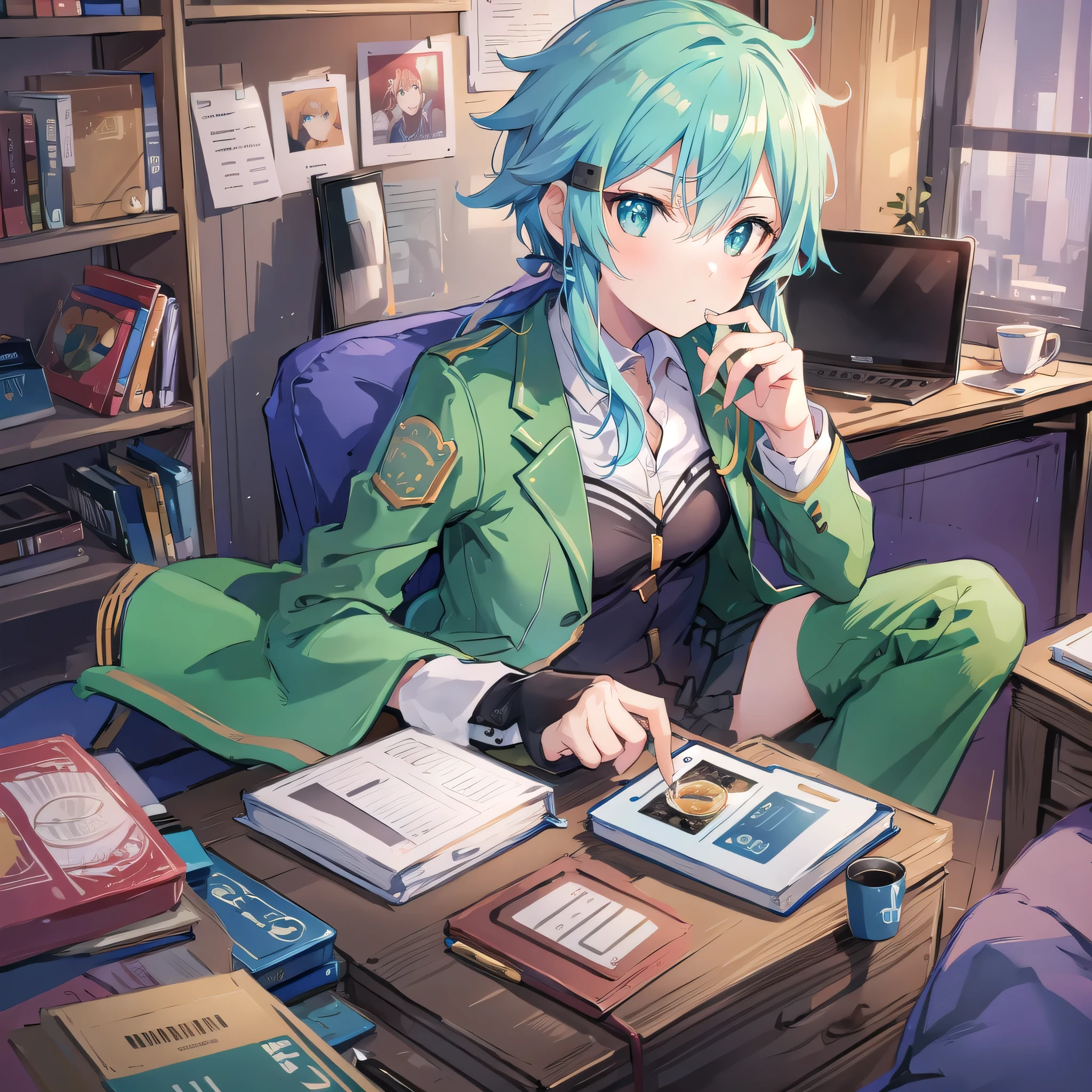 ((POV, sitting on sofa,  )), (((sinon,     Blazer ))), serving coffee, toast, desk, 