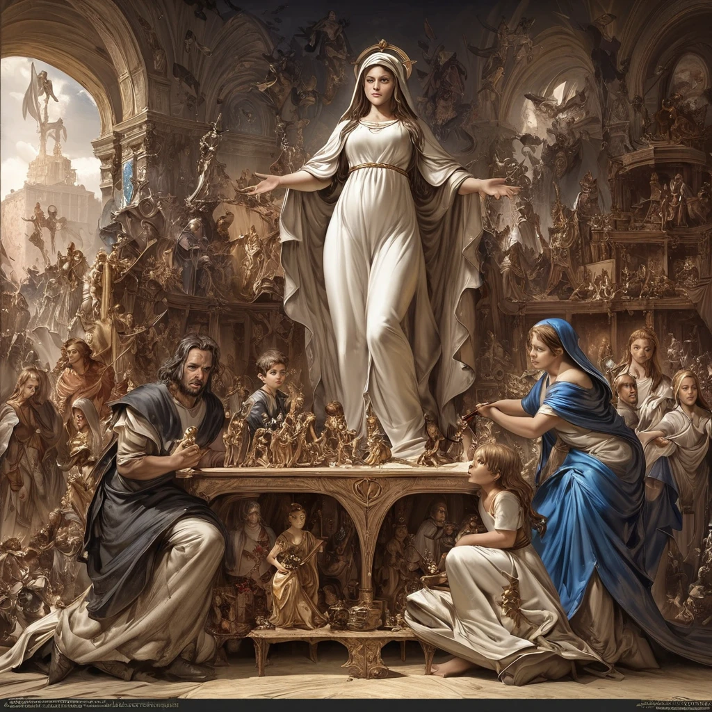 A beautiful ultra-thin Realistic portrait of the Virgin Mary, White outfit with blue details, ((Divinity)), whole body, Biblical, Realistic, Intricate details, Abbott Fuller Graves, Bartolomé Esteban Murillo, JC Leyendecker, Craig Mullins, Peter Paul Rubens, (Caravaggio), Art Station Trends, 8k, Concept Art, Fantasy art, PhotoRealistic, Realistic, figure, oil, Surrealism, HyperRealistic, brush brush, Digital Art, style, watercolor