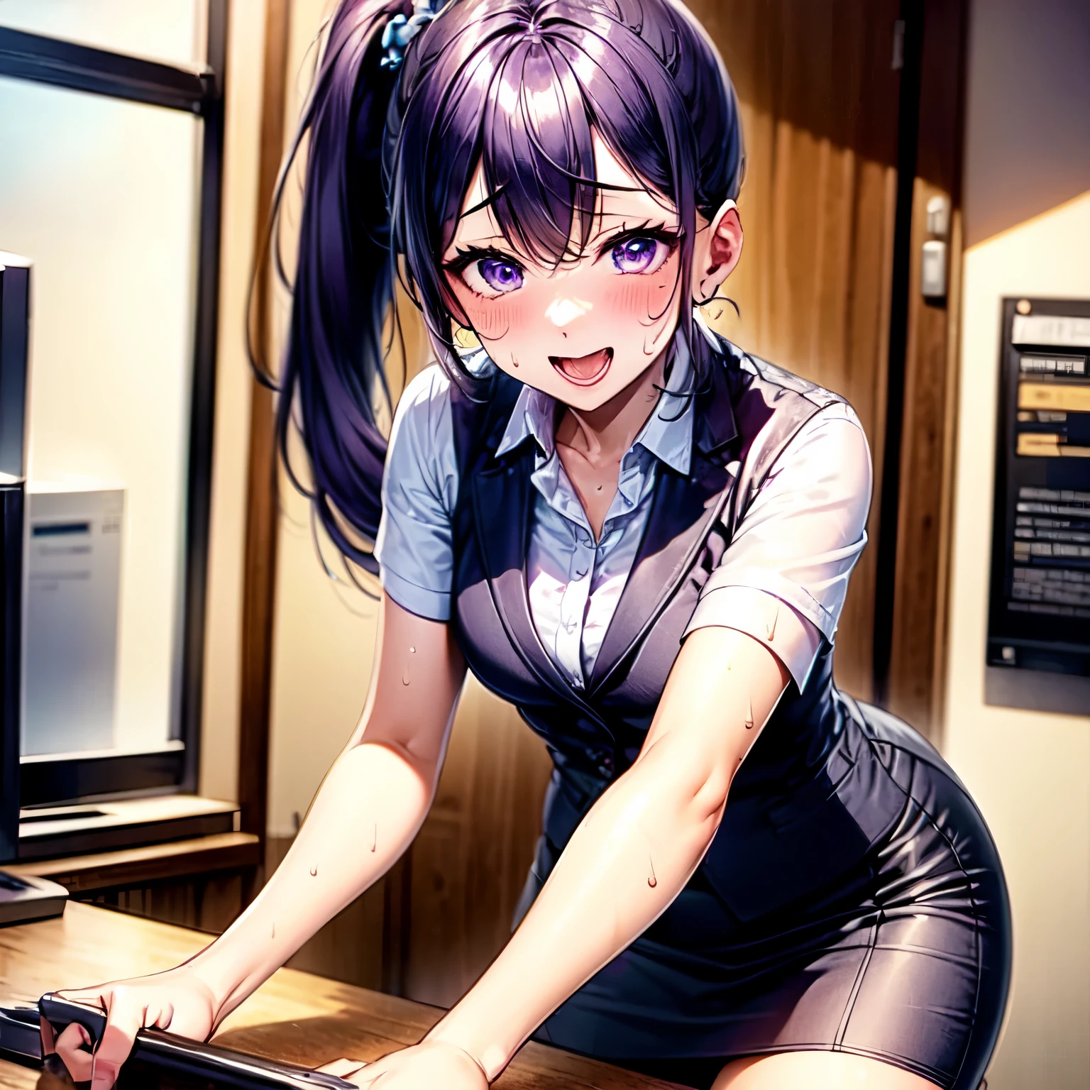 Anime girl in short dress leaning on a desk with a computer - SeaArt AI