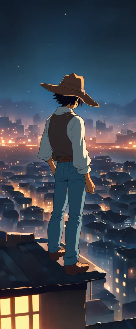 (Ghibli style:1.5)，1 youth，(Cowboy hat、jeans、windward)，Background city night， Standing on the roof， brave