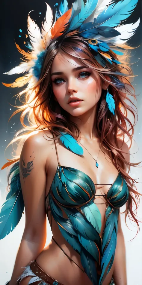 full body, free spirit, highly detailed face, award-winning composition, by Lois van Baarle, Artgerm, Carne Griffiths, feathers,...