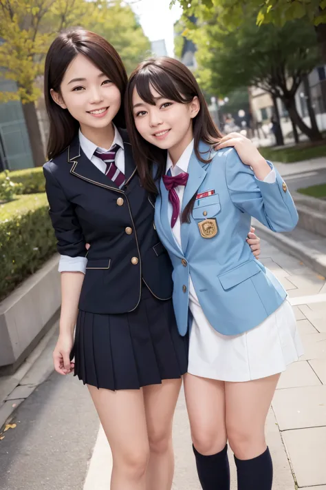 Girl and girl, ((uniform)), light smile, outdoors,