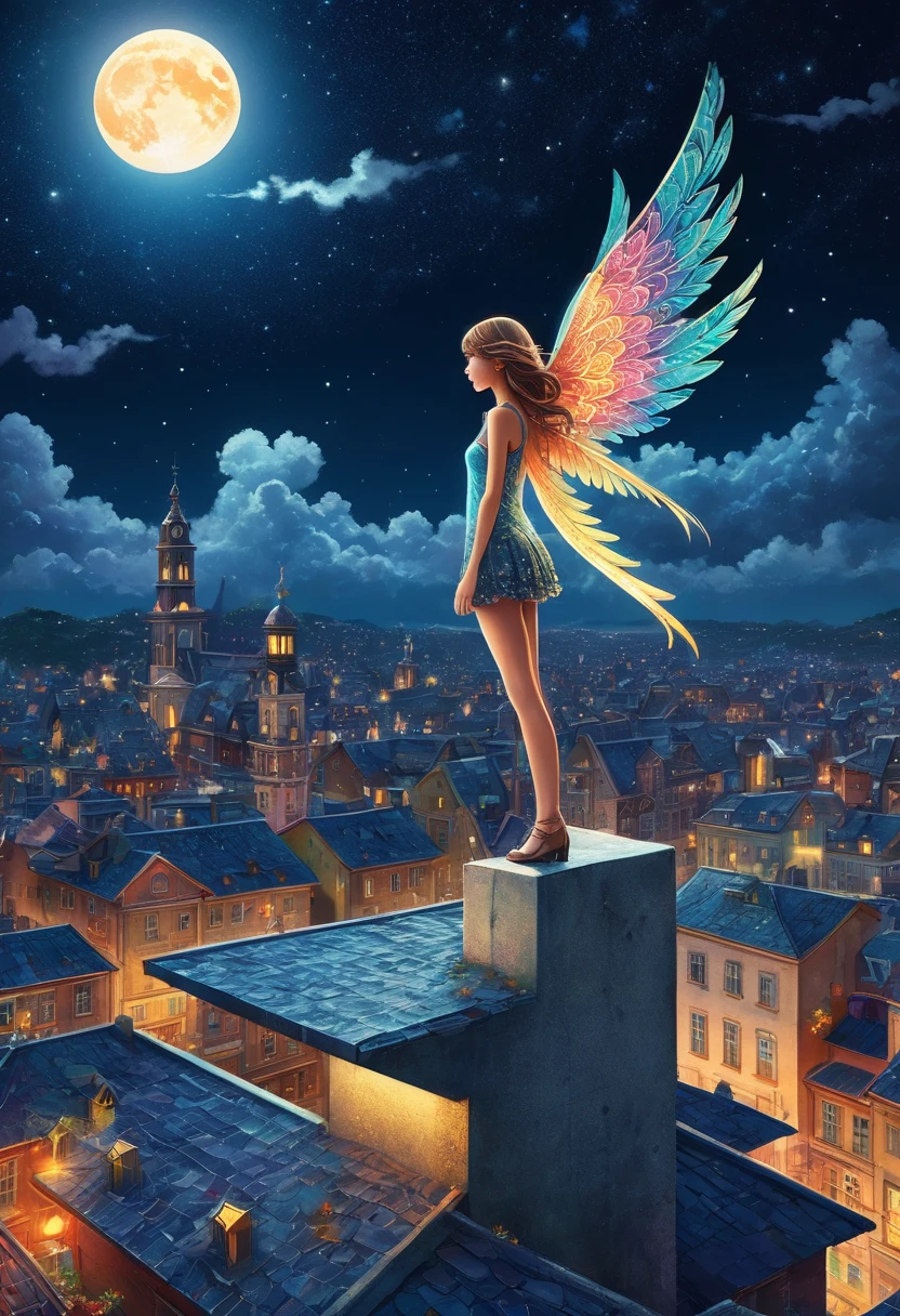 A winged girl standing on the roof of a concrete building,Angel:15 years old,I&#39;m about to take off,The night cityscape spreads out below,Night view,Starry Sky,full moon,fashionable,trendy,An illustration,,dream-like,Fantasy,Intricate details,ColorAn illustration,Zentangle Elements,rendering,colorful,Cast a colorful spell,Wide range of colors,Intricate details,rendering,,masterpiece,The highest masterpiece,highest quality,Beautiful light and shadow,